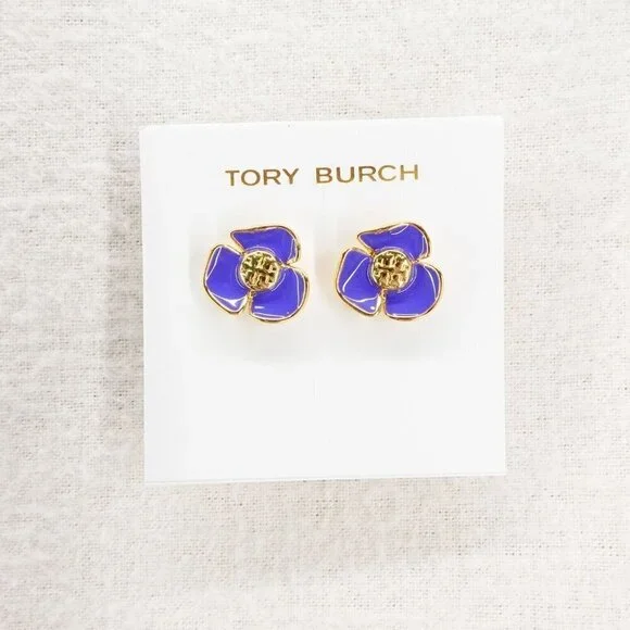 Tory Burch Fleur Flower Stud Earrings Purple OS - Picture 9 of 14